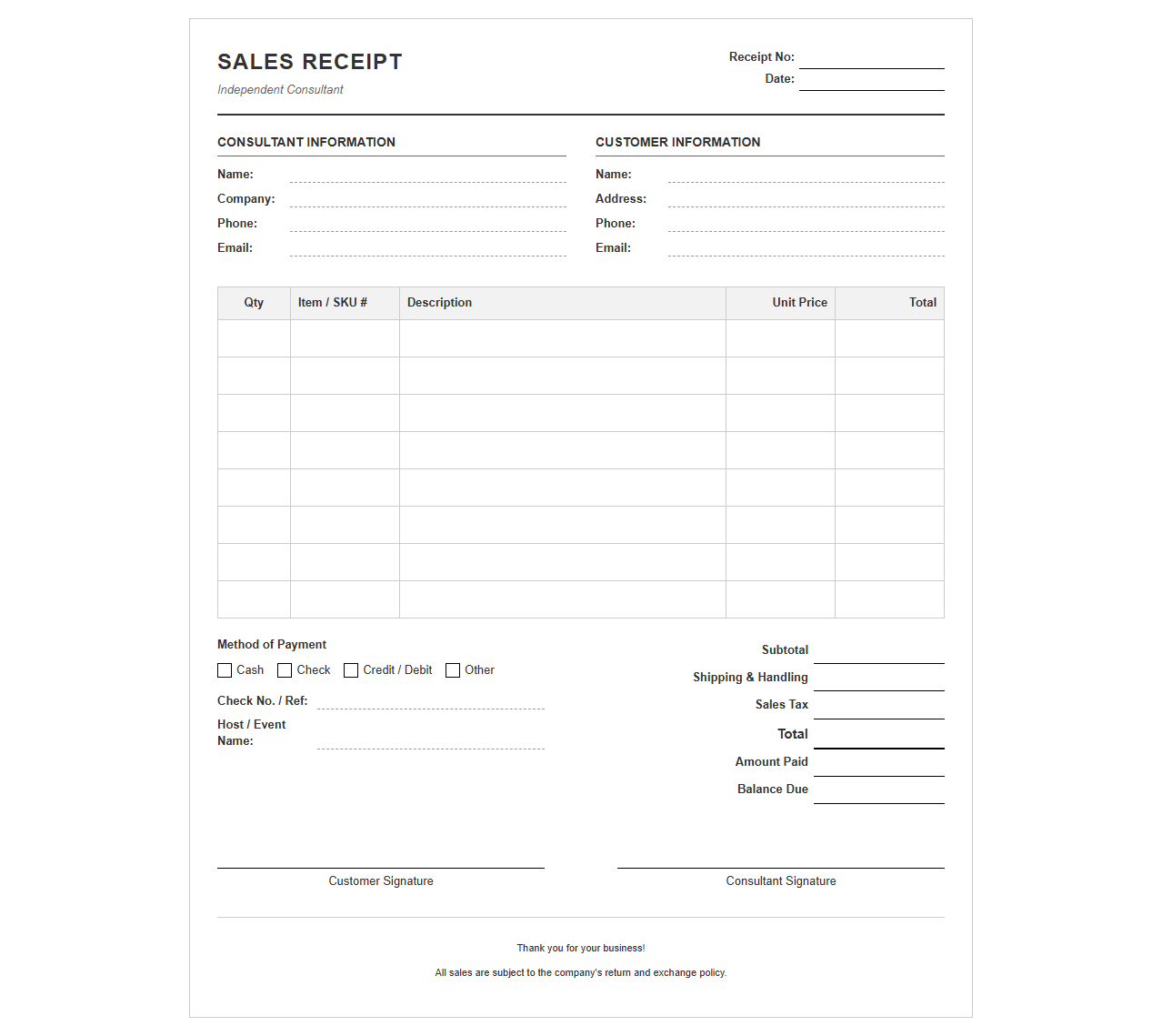 Independent Consultant Sales Receipt PDF