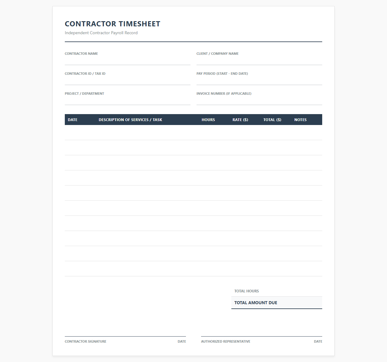 Independent Contractor Payroll Timesheet Template