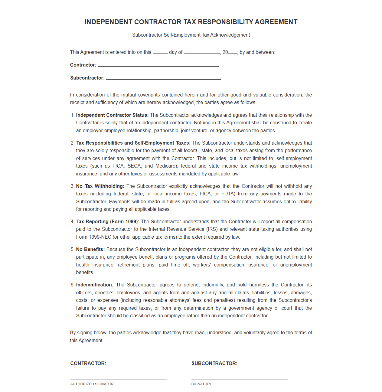 Independent Contractor Tax Responsibility Agreement