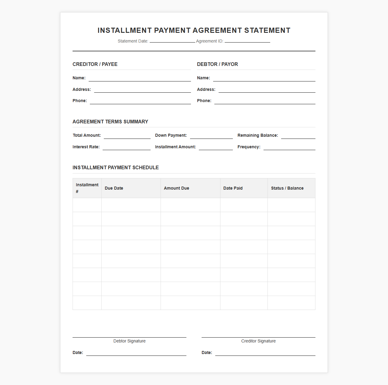 Installment Payment Agreement Statement Template