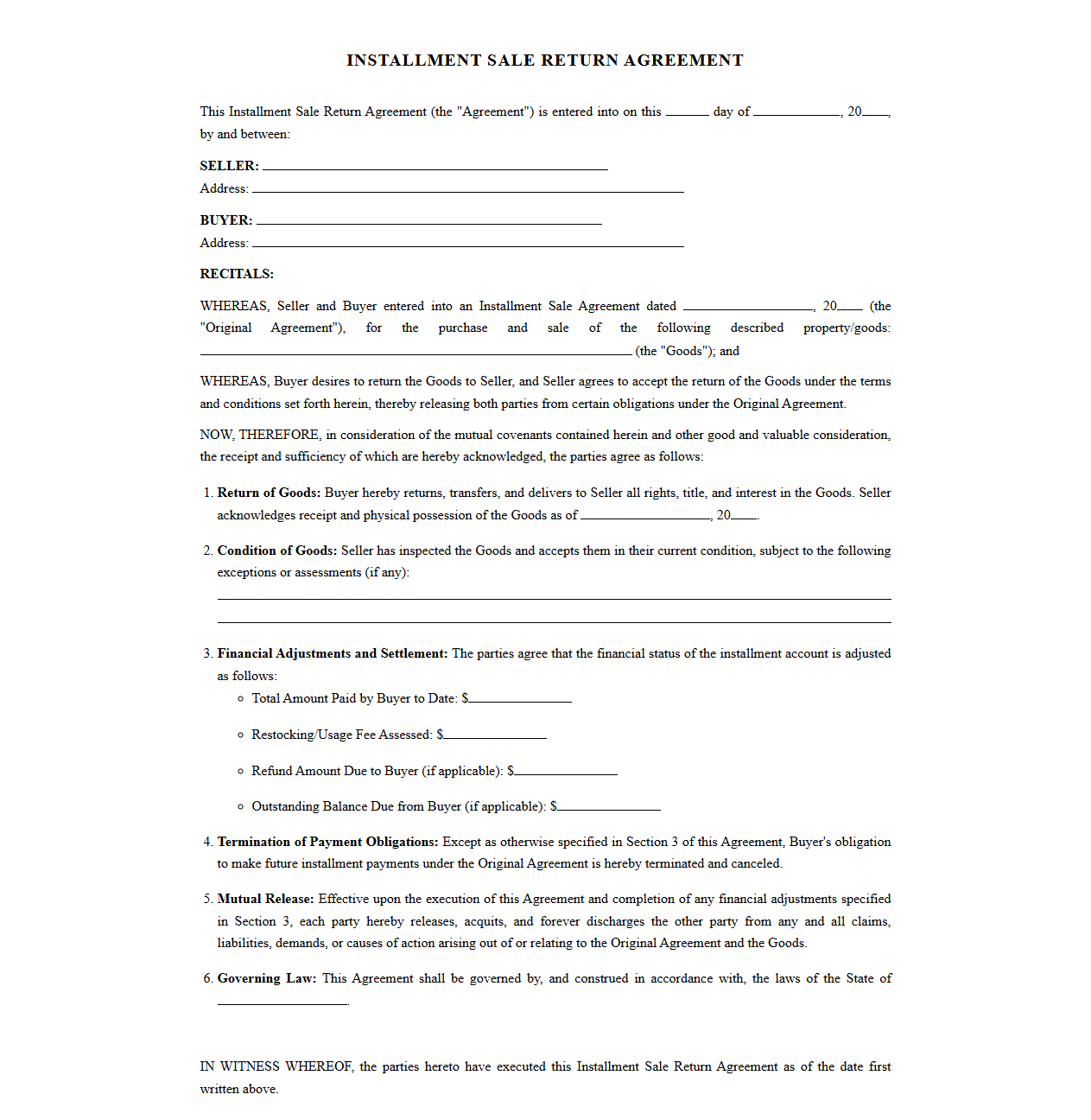 Installment Sale Return Agreement Template