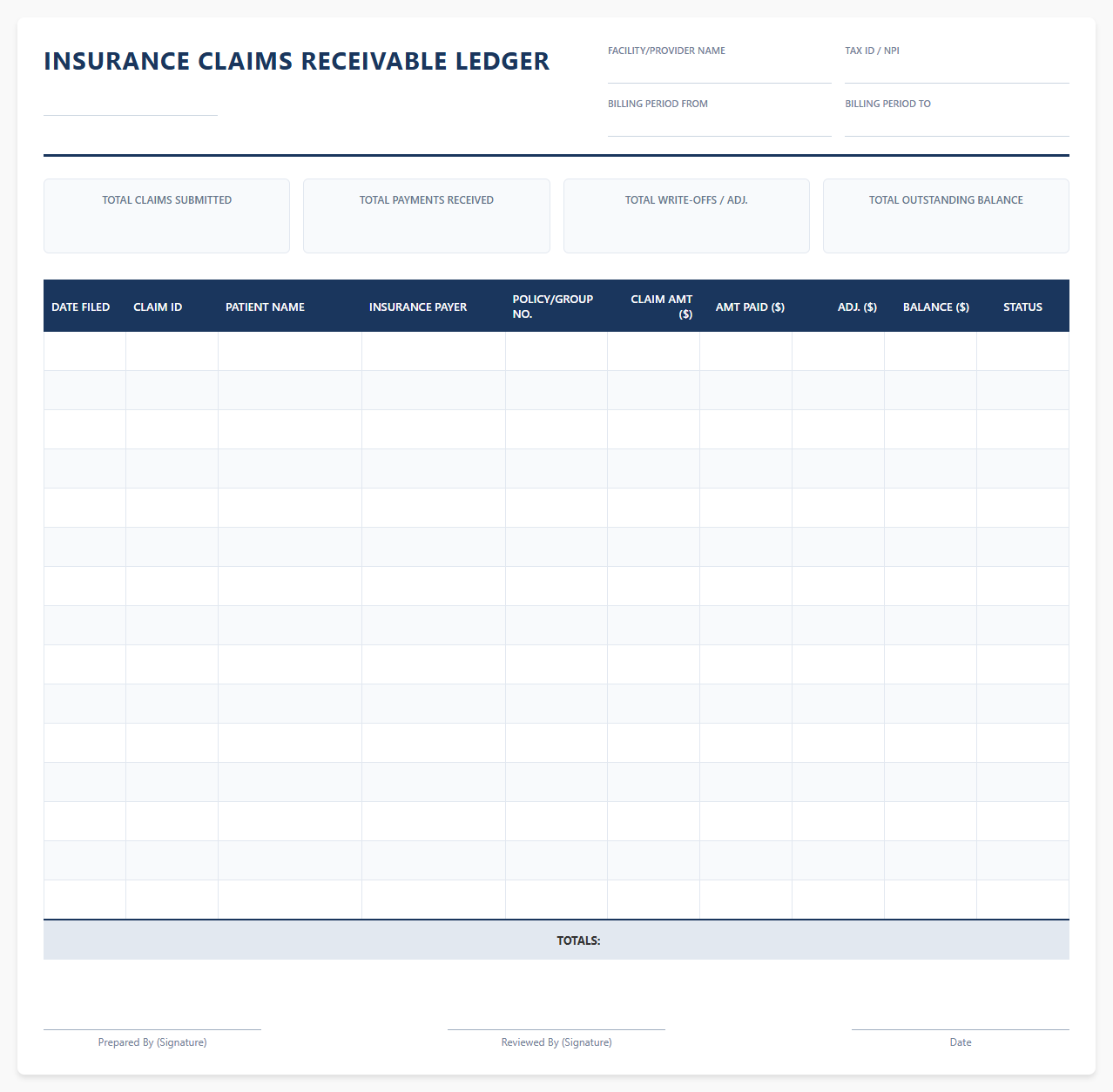 Insurance Claims Receivable Ledger Template