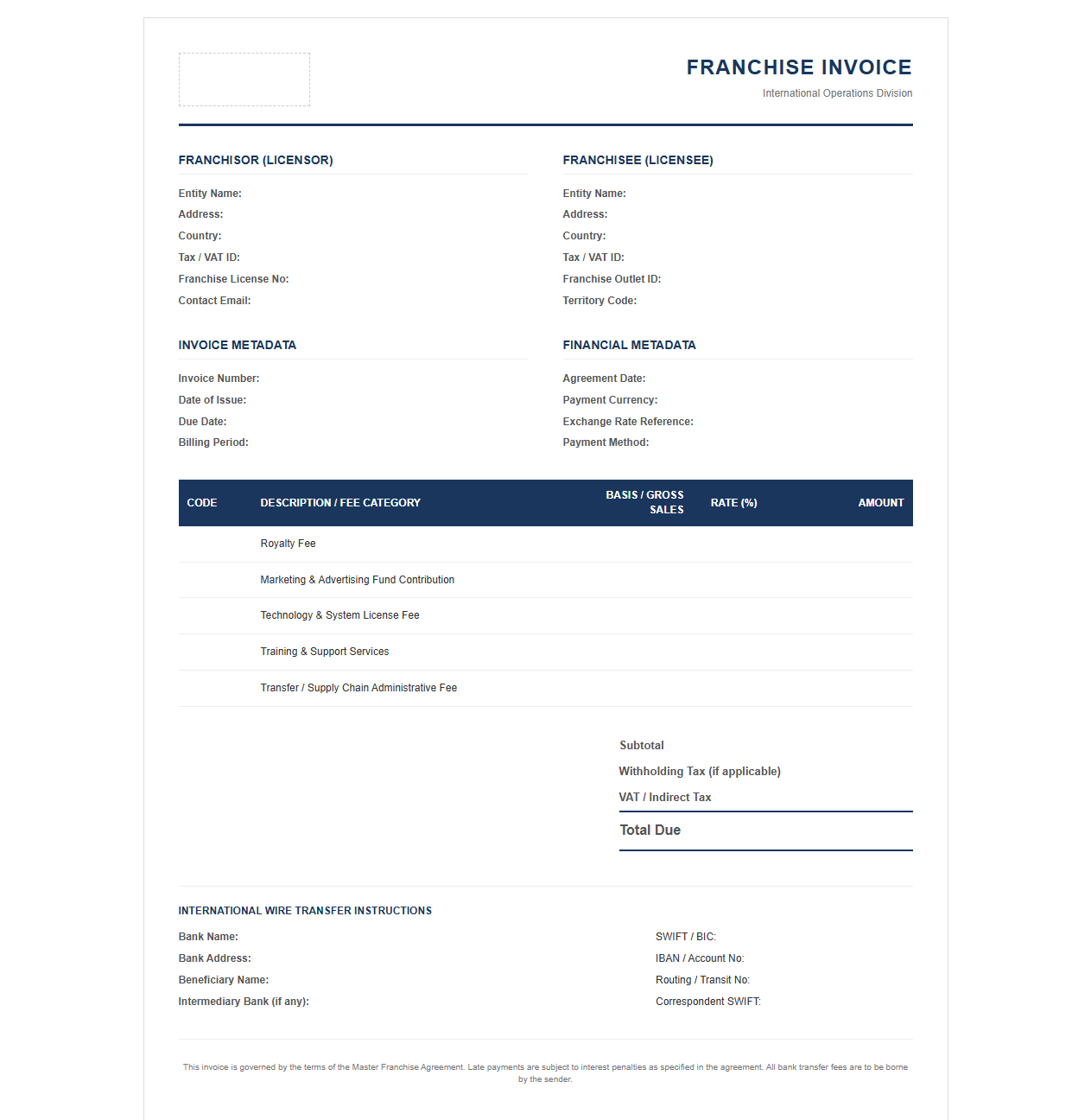 International Commercial Franchise Operations Invoice