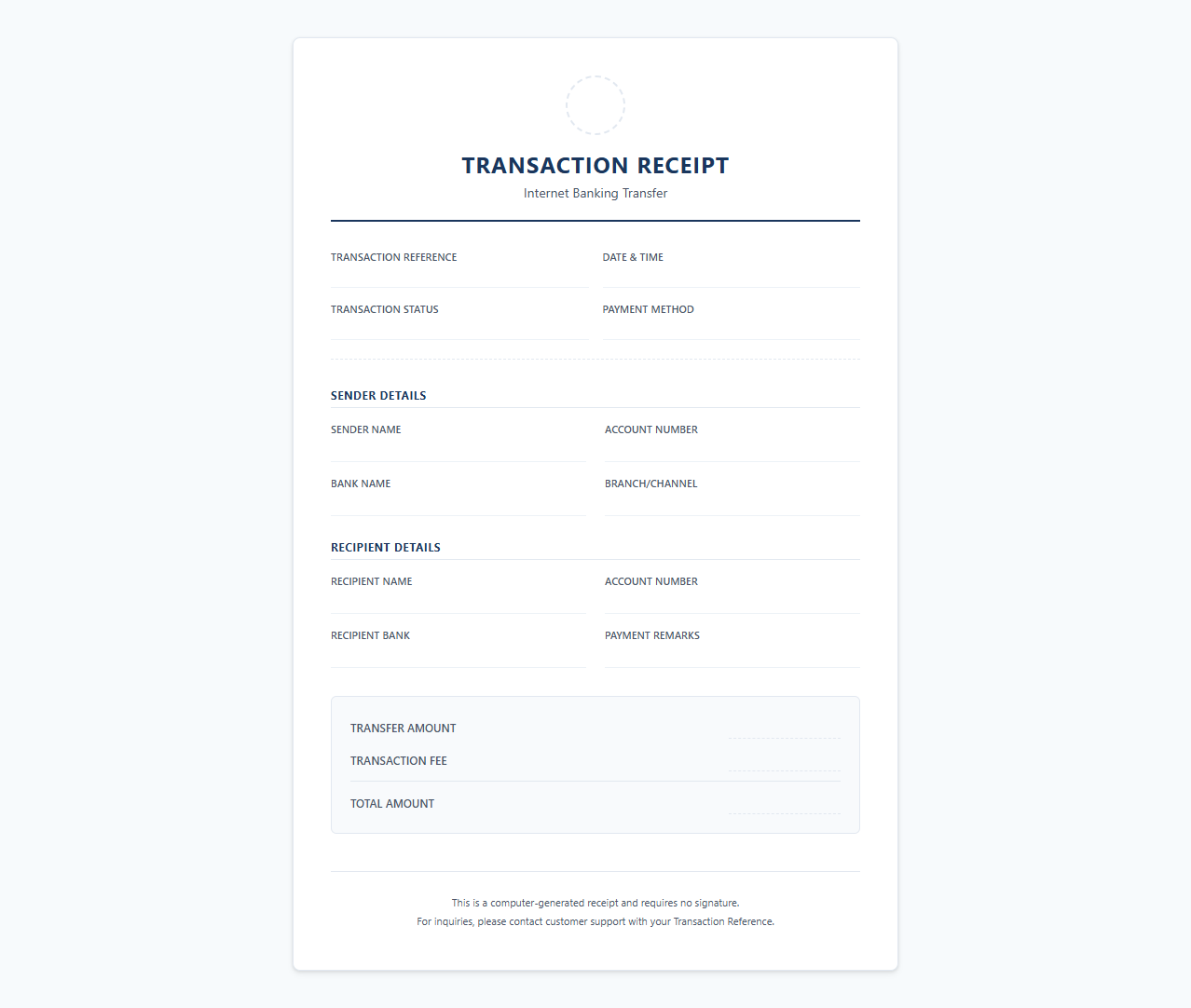 Internet Banking Transfer Receipt Document