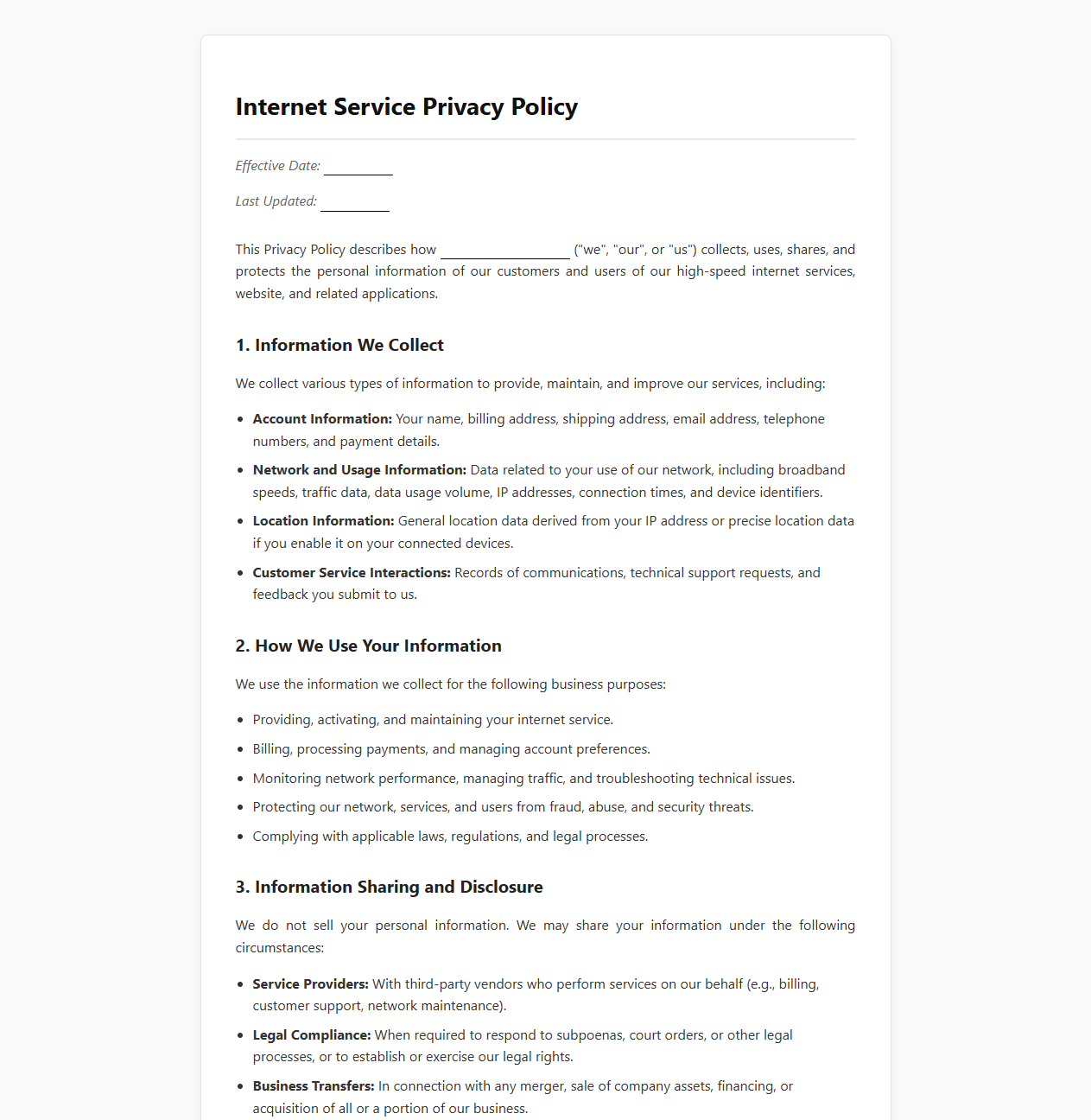 Internet Service Privacy Policy