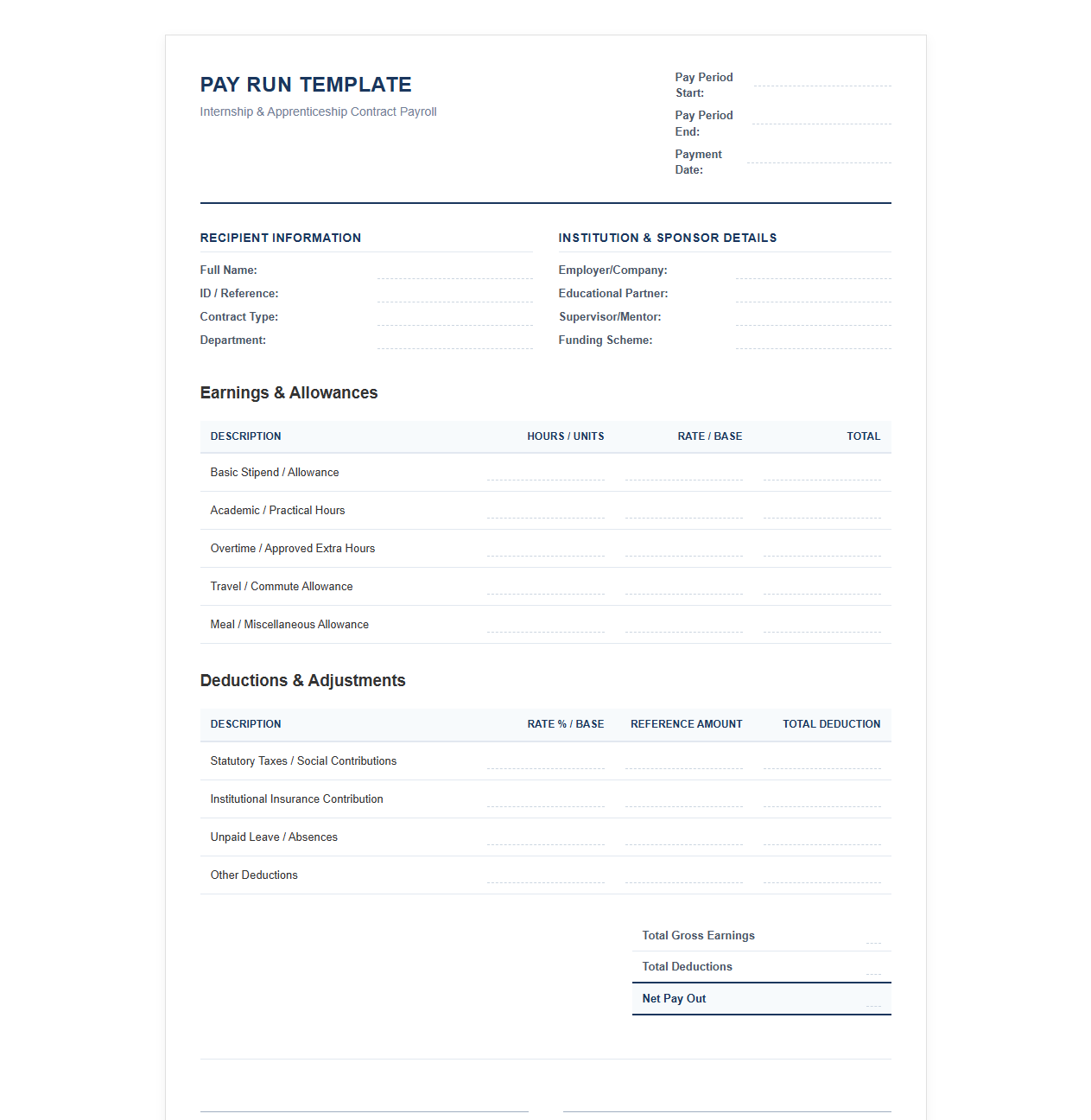 Internship and Apprenticeship Pay Run Template