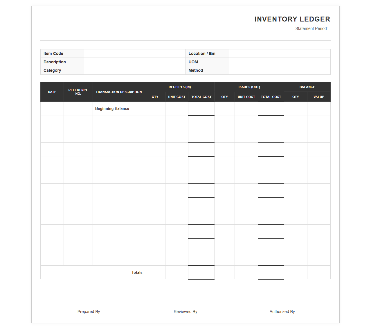 Inventory Ledger Account Statement Template