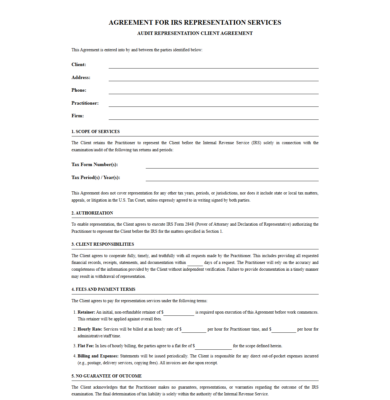 IRS Audit Representation Client Agreement