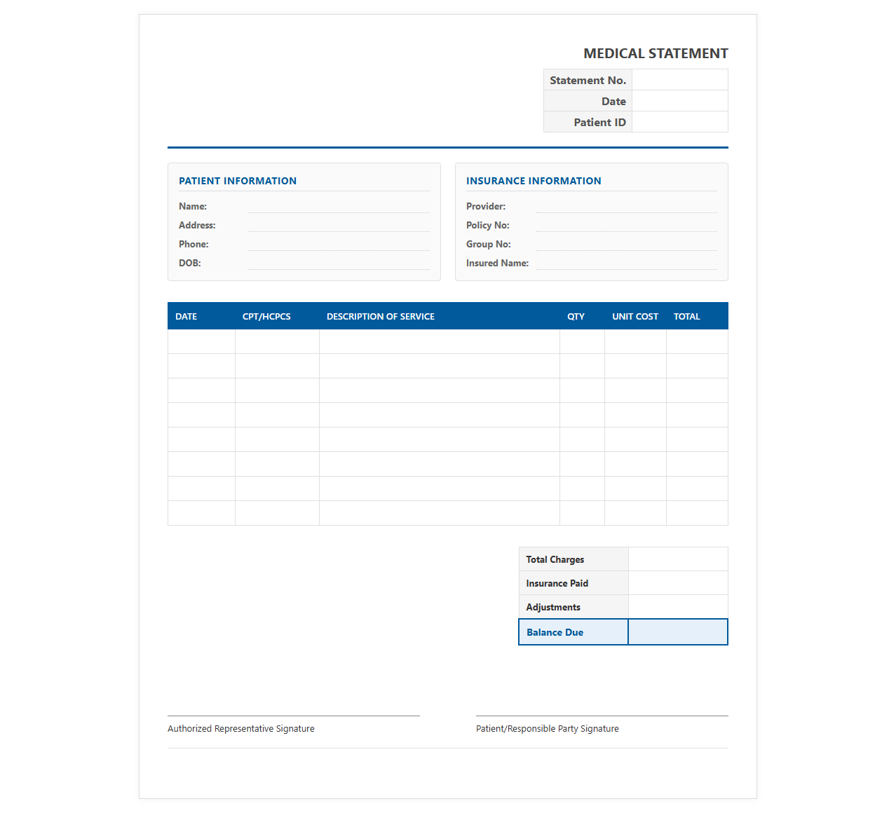 Itemized Medical Treatment Billing Statement