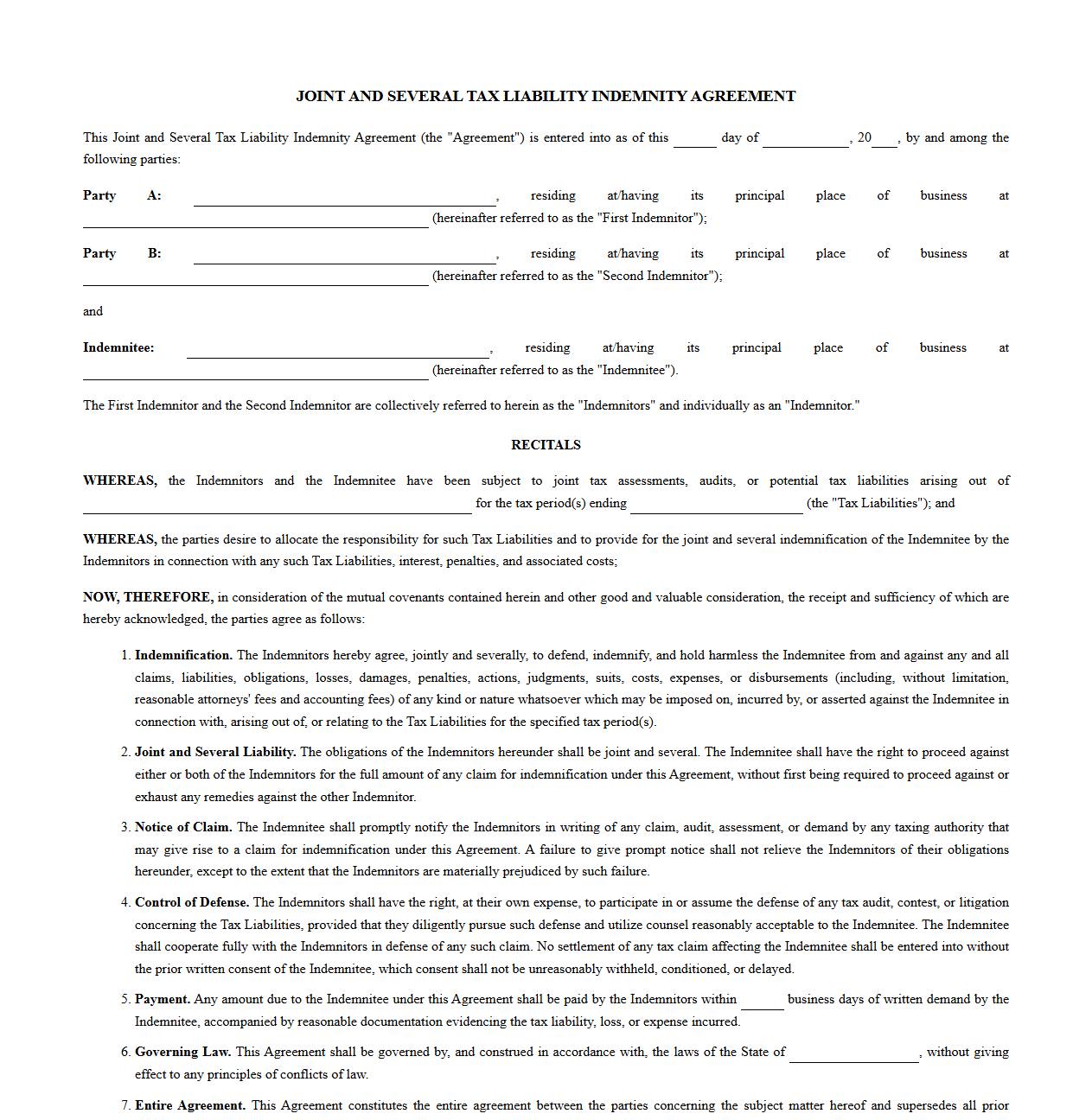Joint and Several Tax Liability Indemnity Agreement