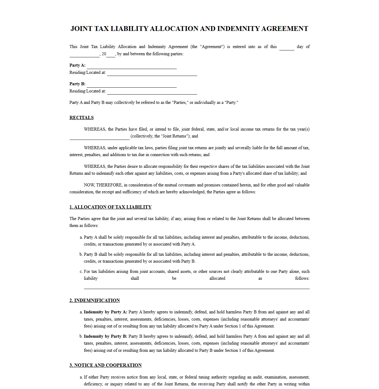 Joint Tax Liability Allocation and Indemnity Agreement