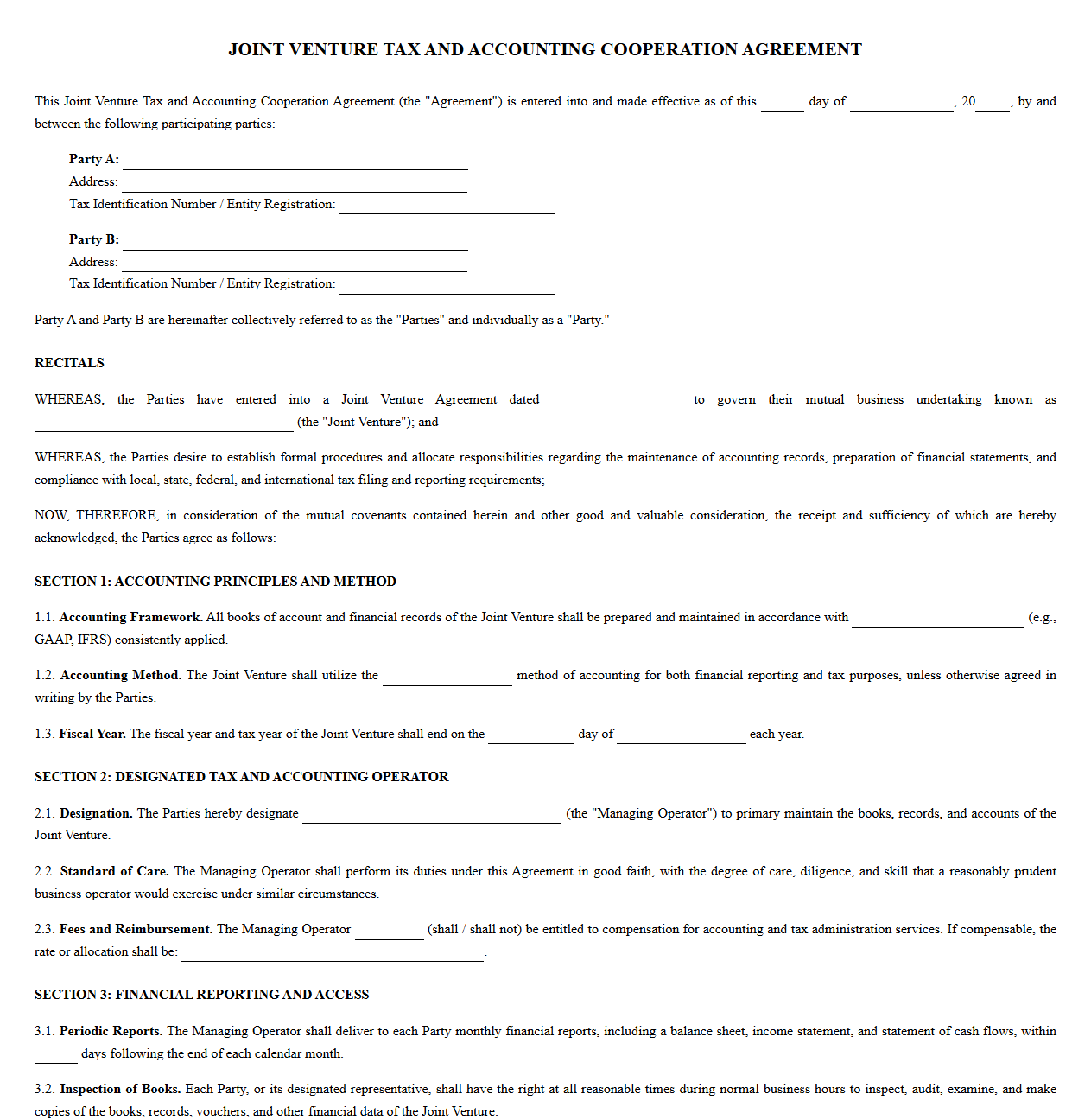 Joint Venture Tax and Accounting Partnership Agreement