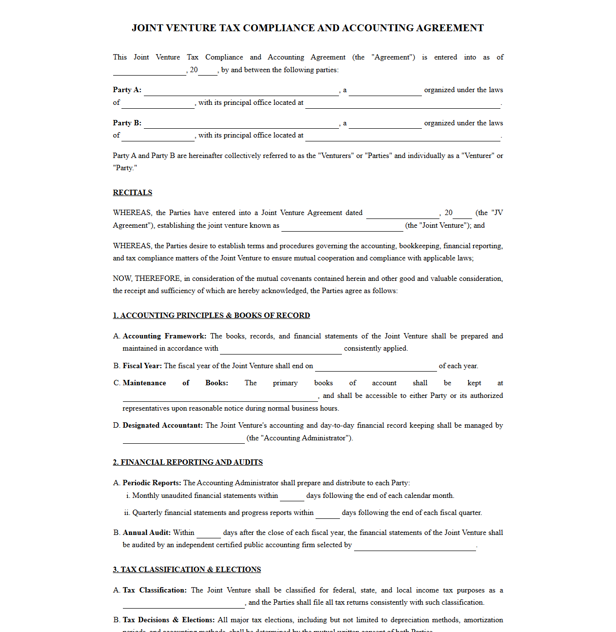 Joint Venture Tax Compliance and Accounting Agreement