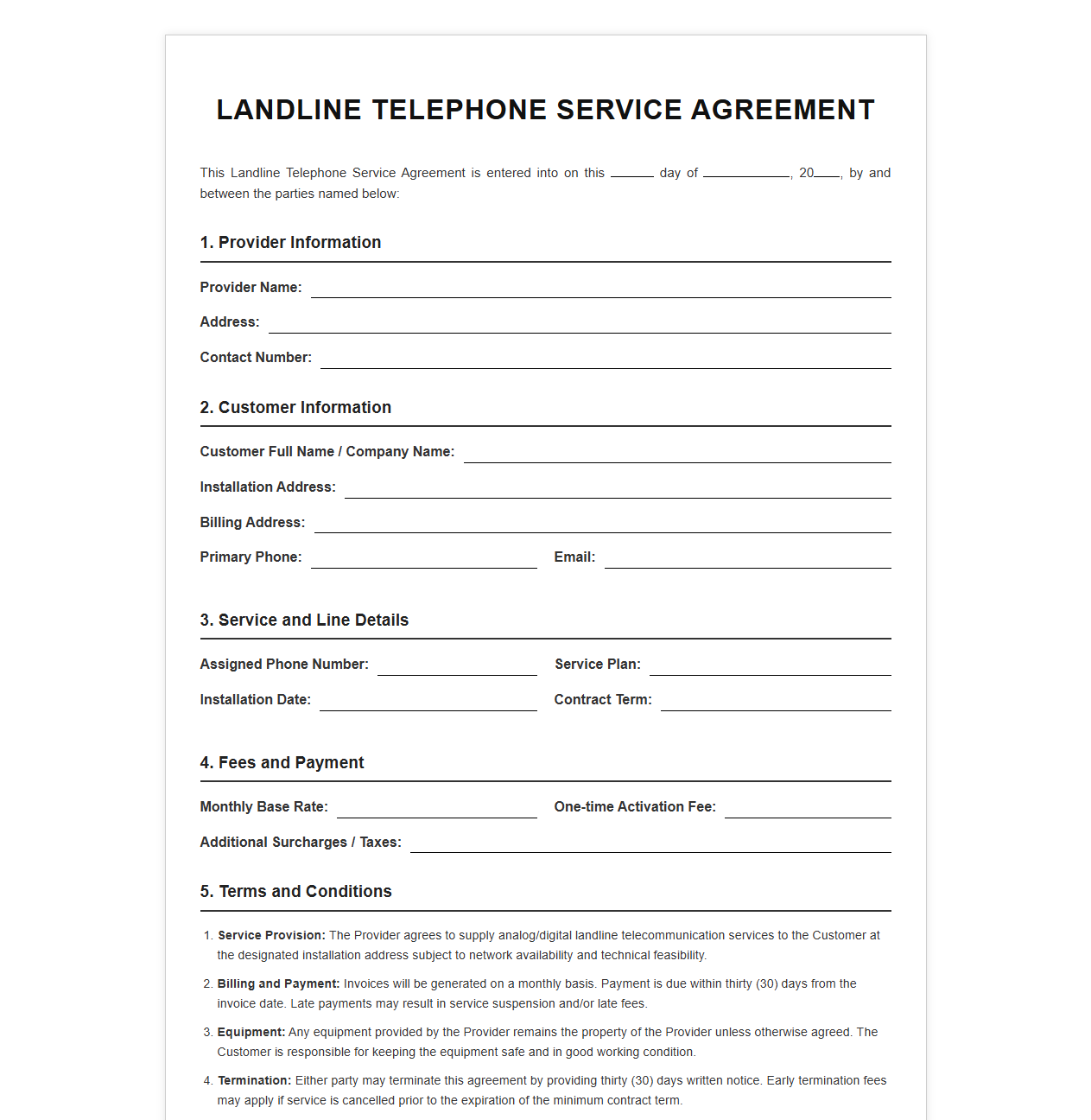 Landline Telephone Service Agreement