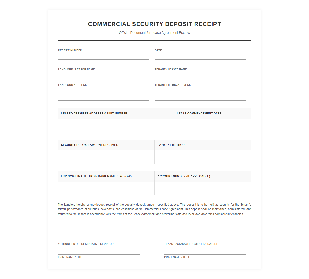 Landlord Commercial Security Deposit Receipt Form