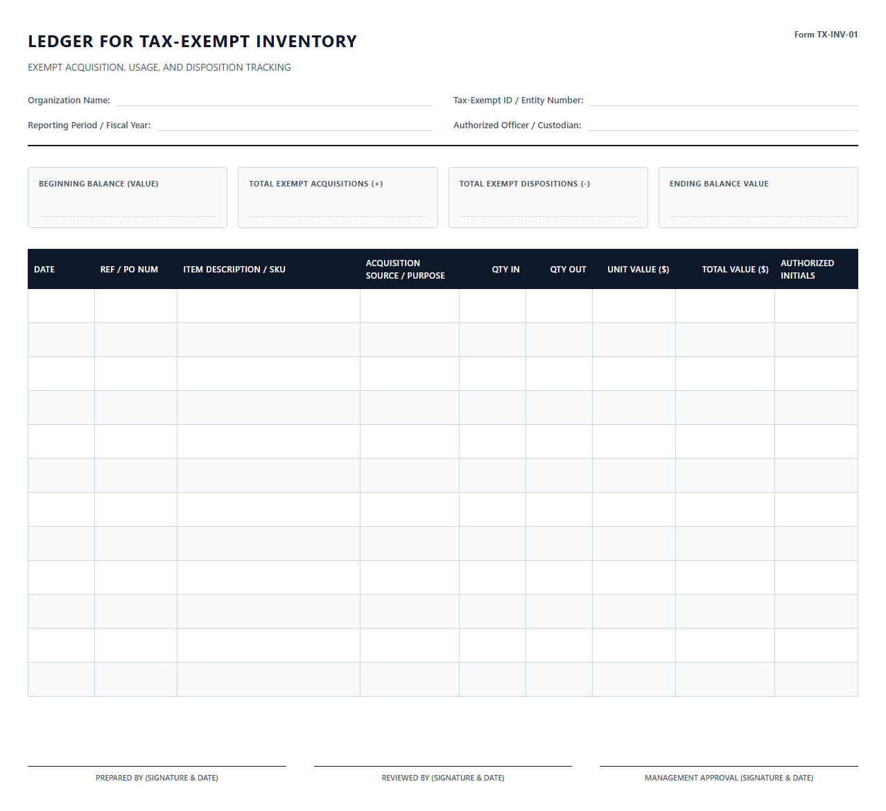Ledger for Tax-Exempt Inventory Management