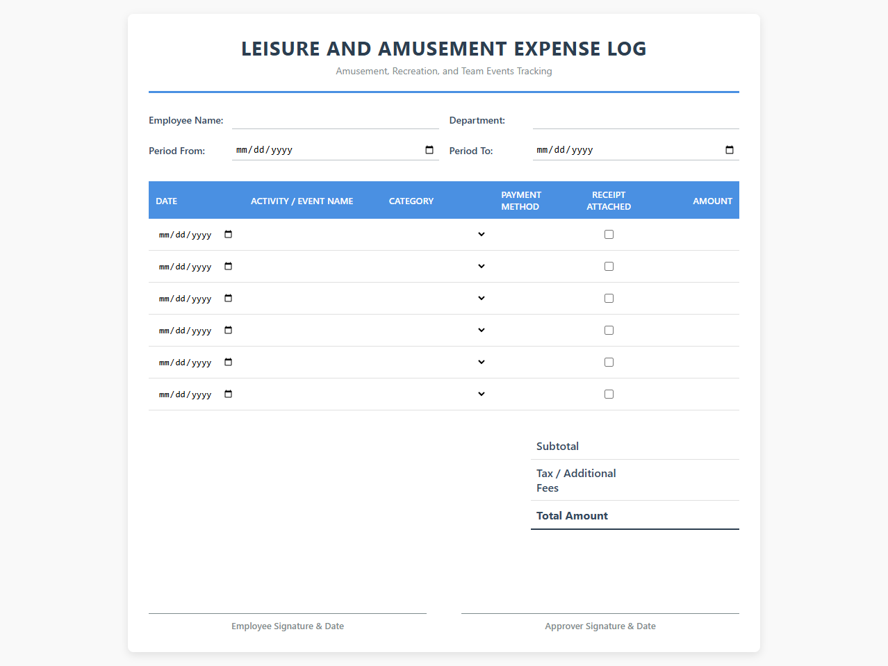 Leisure and Amusement Expense Log