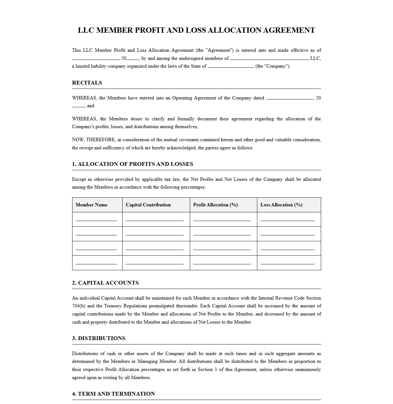 LLC Member Profit and Loss Allocation Agreement