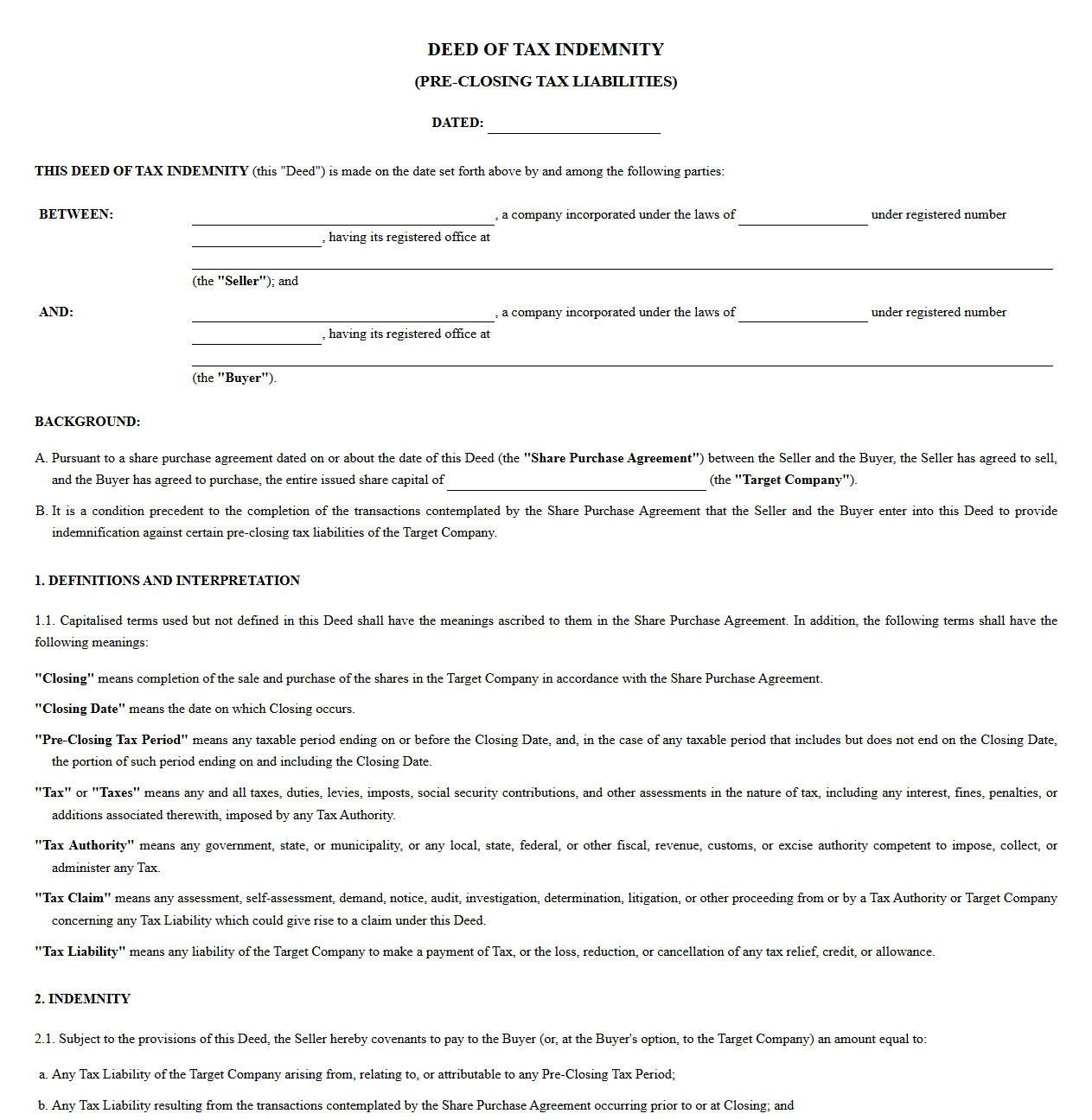 M&A Pre-Closing Tax Liability Indemnity Deed