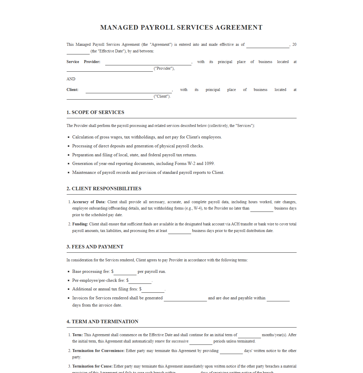 Managed Payroll Services Agreement Template