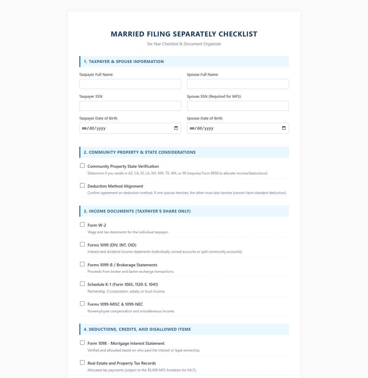 Married Filing Separately Tax Return Checklist