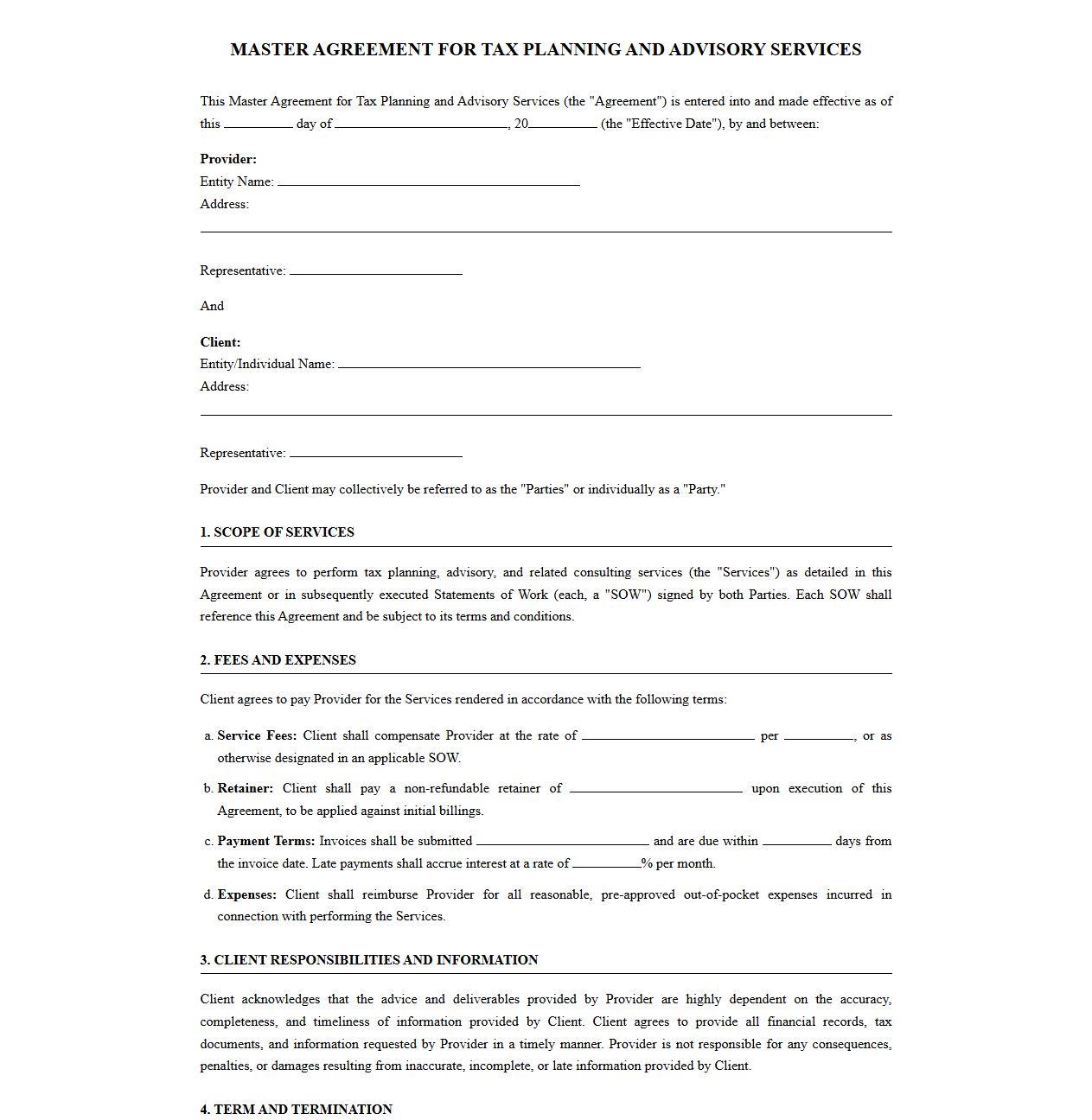 Master Agreement for Tax Planning and Advisory Services