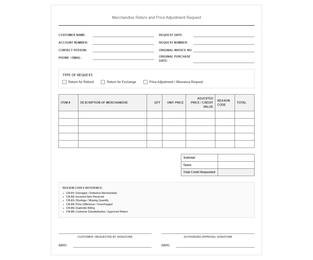 Merchandise Return and Price Adjustment Request Template