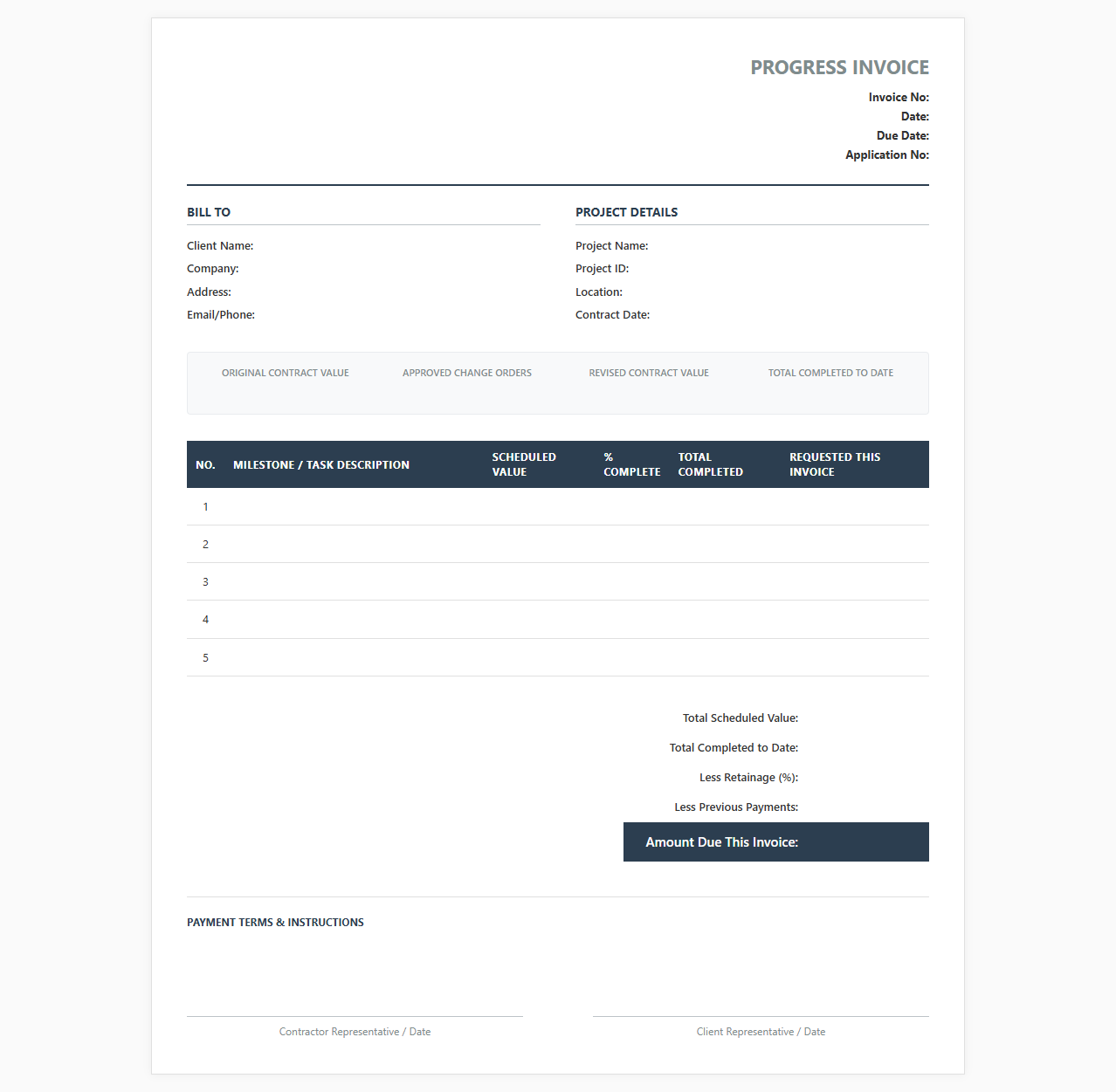 Milestone Payment Invoice Sheet