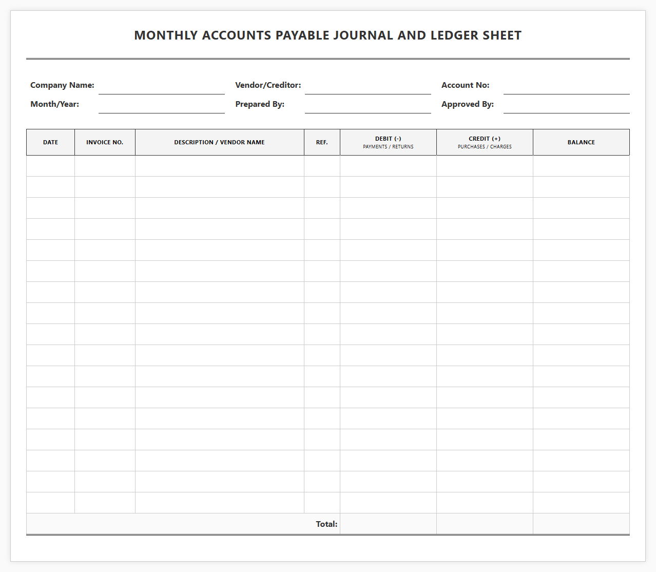 Monthly Accounts Payable Journal and Ledger Sheet