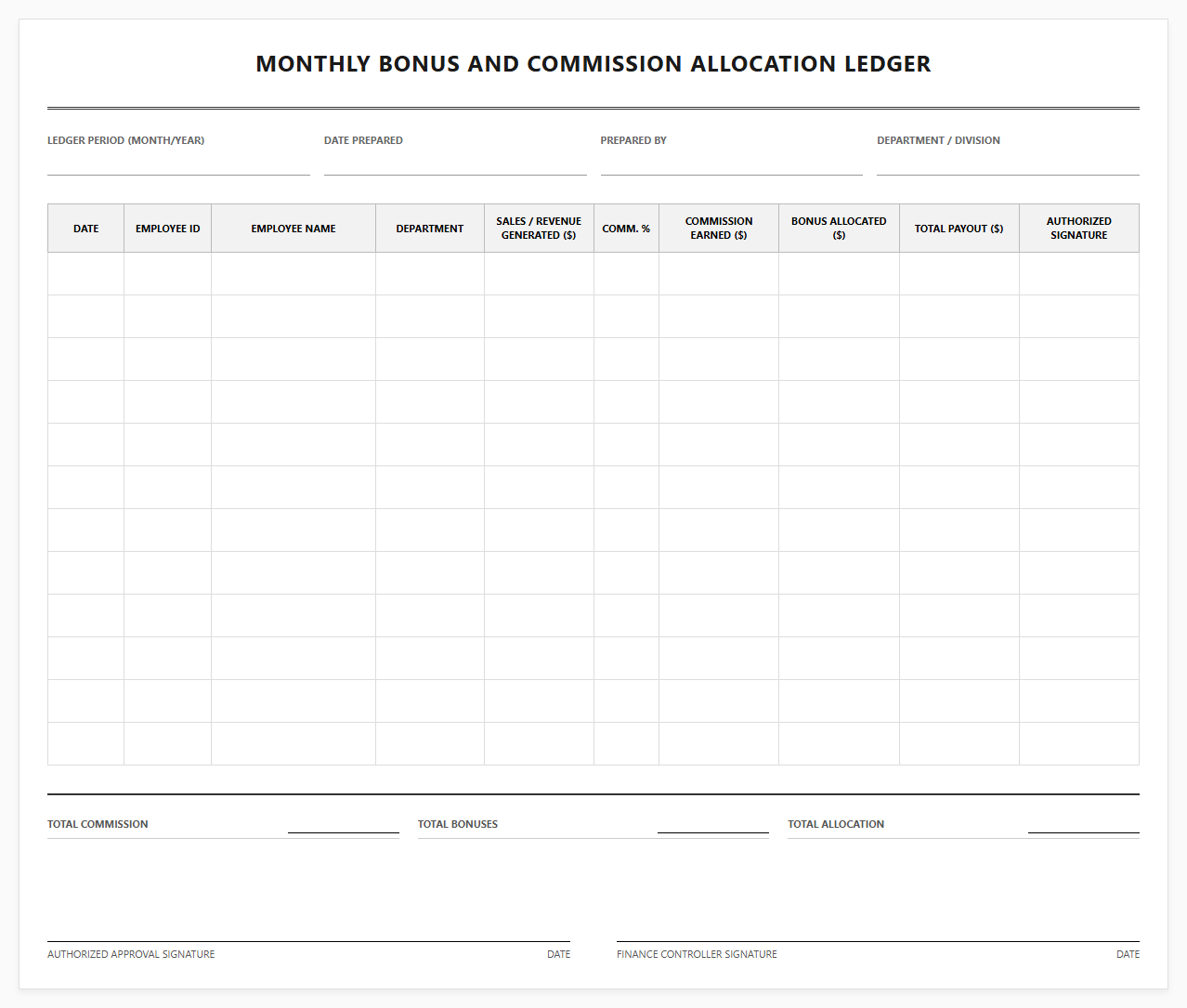 Monthly Bonus and Commission Allocation Ledger