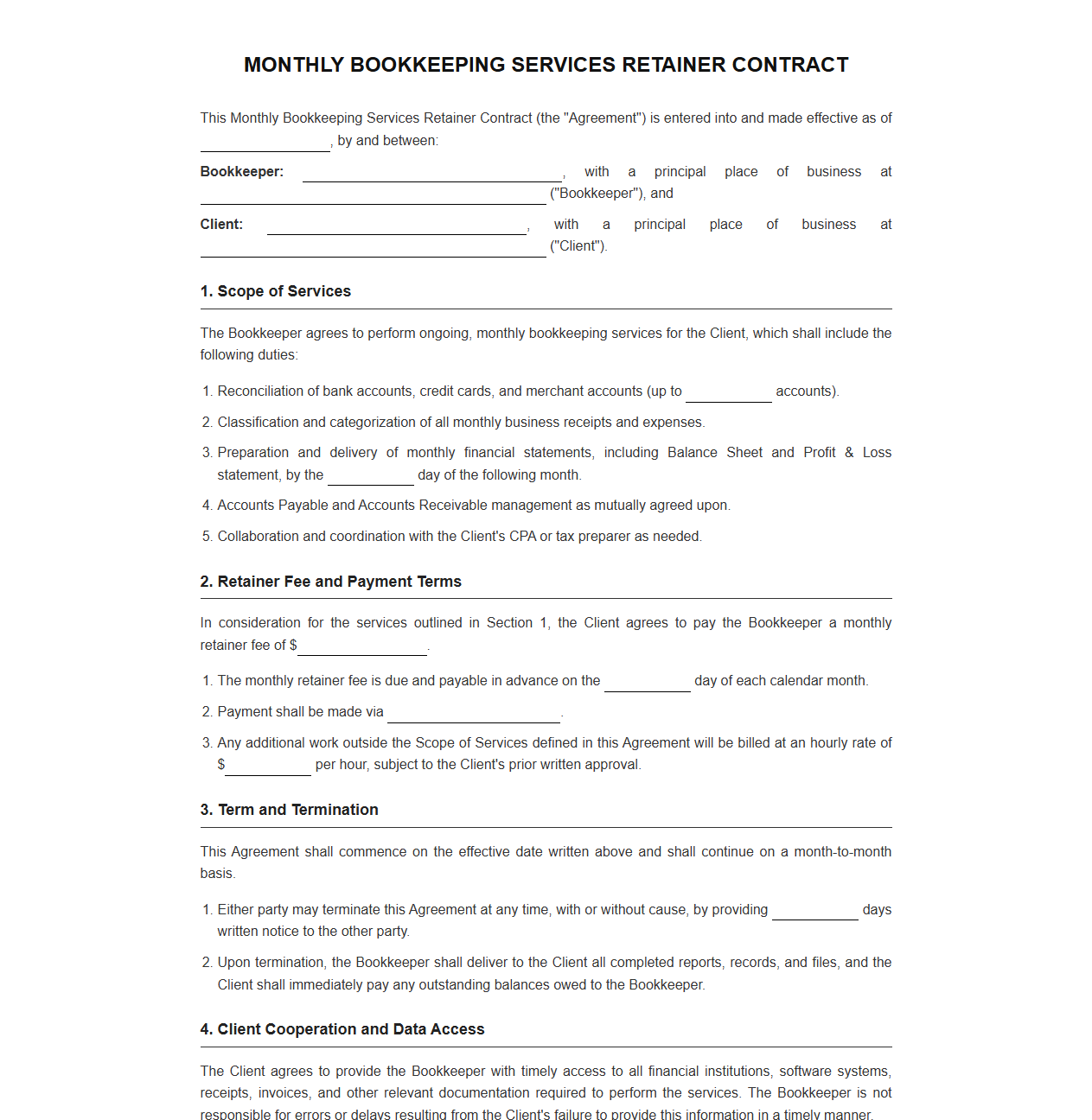 Monthly Bookkeeping Services Retainer Contract