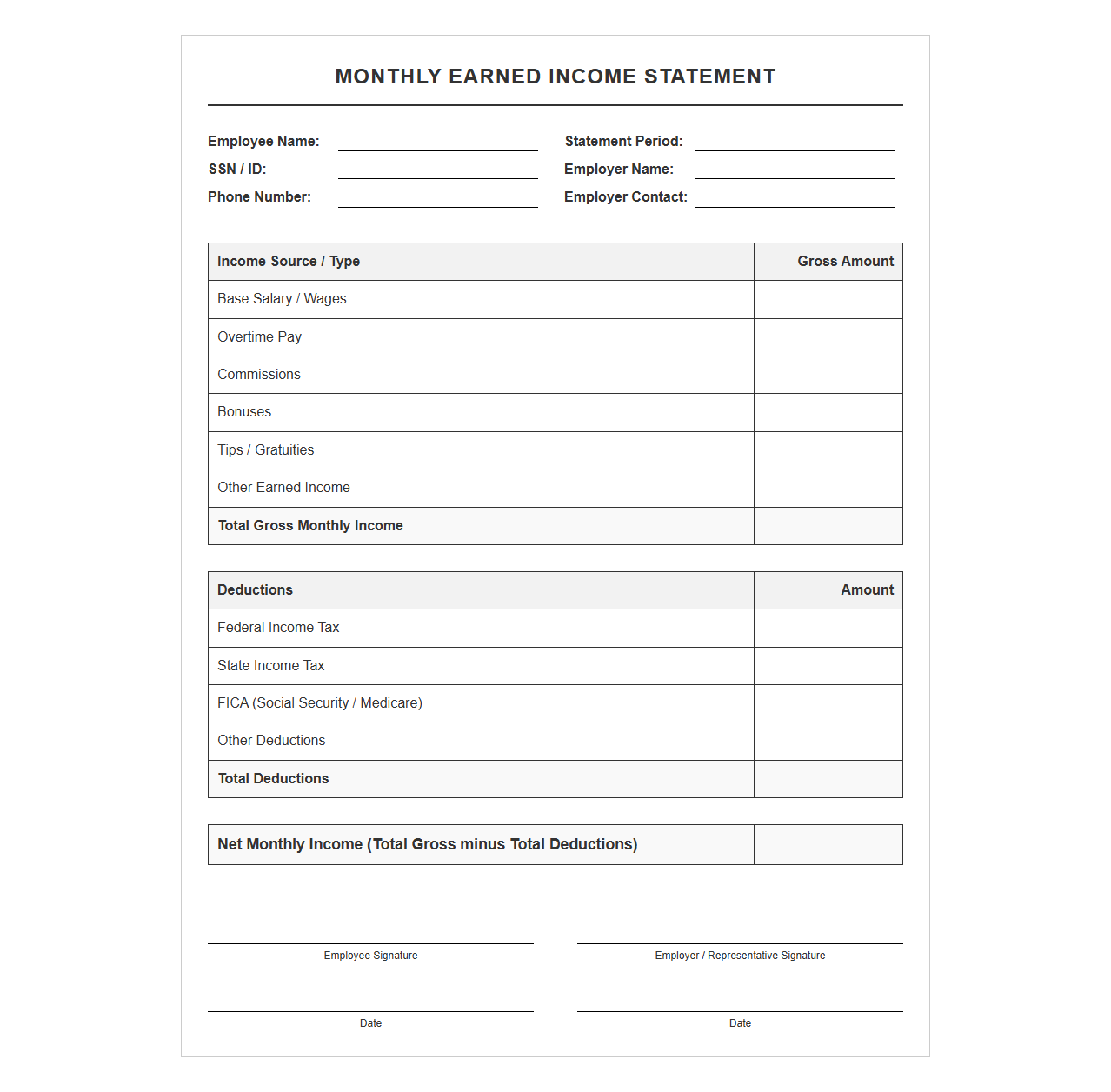 Monthly Earned Income Statement Template