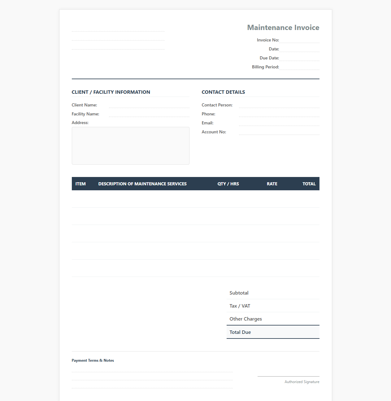 Monthly Facility Maintenance Invoice Template