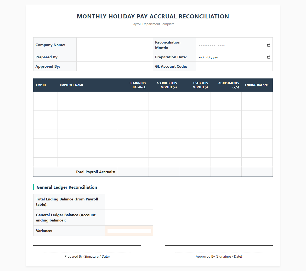 Monthly Holiday Pay Accrual Reconciliation Form