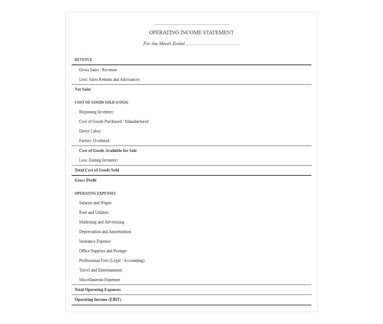 Monthly Operating Income Statement Format