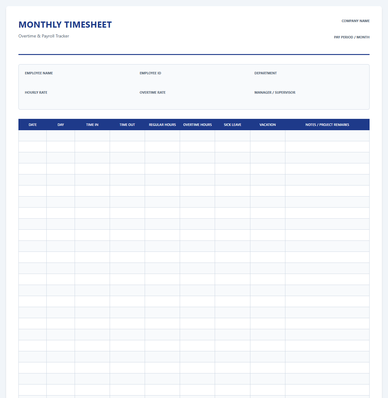 Monthly Overtime and Payroll Timesheet Tracker