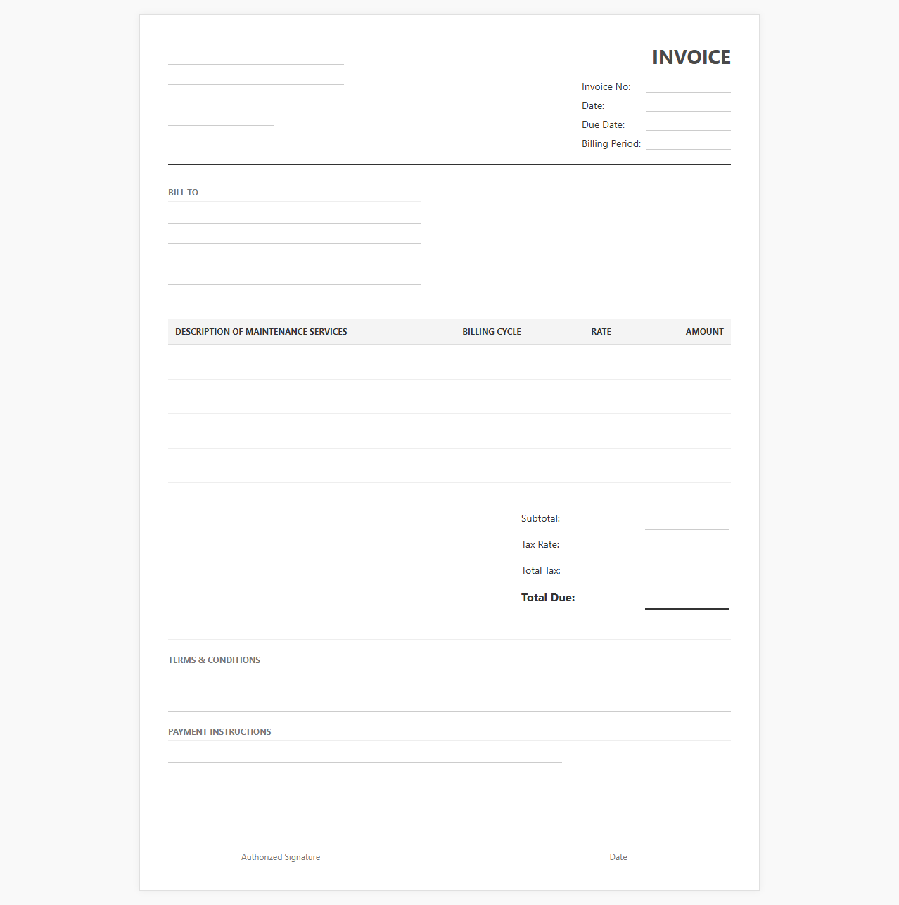 Monthly Retainer Maintenance Fee Invoice