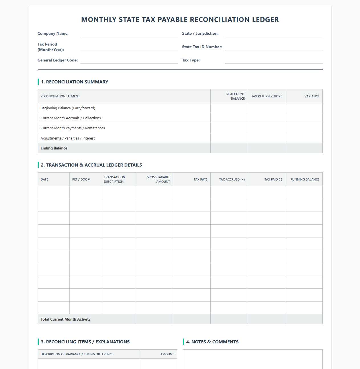 Monthly State Tax Payable Reconciliation Ledger