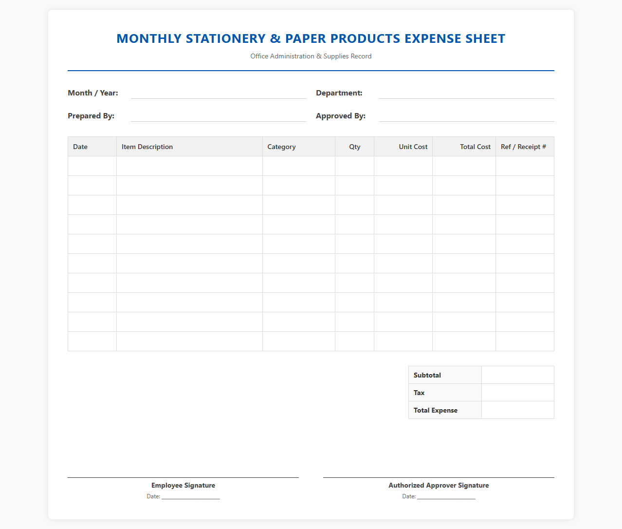 Monthly Stationery and Paper Products Expense Sheet