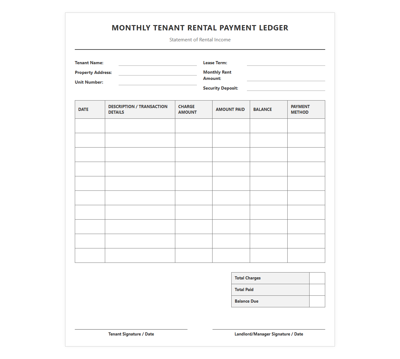 Monthly Tenant Rental Payment Ledger Template