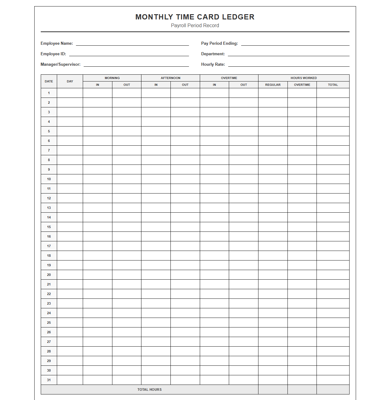 Monthly Time Card Ledger for Payroll