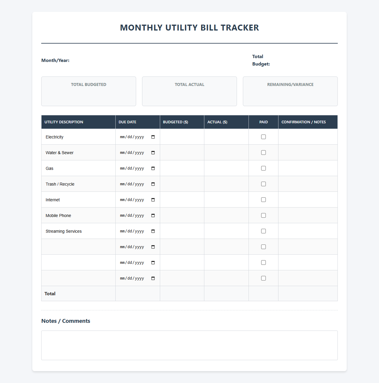 Monthly Utility Bill Tracker Template