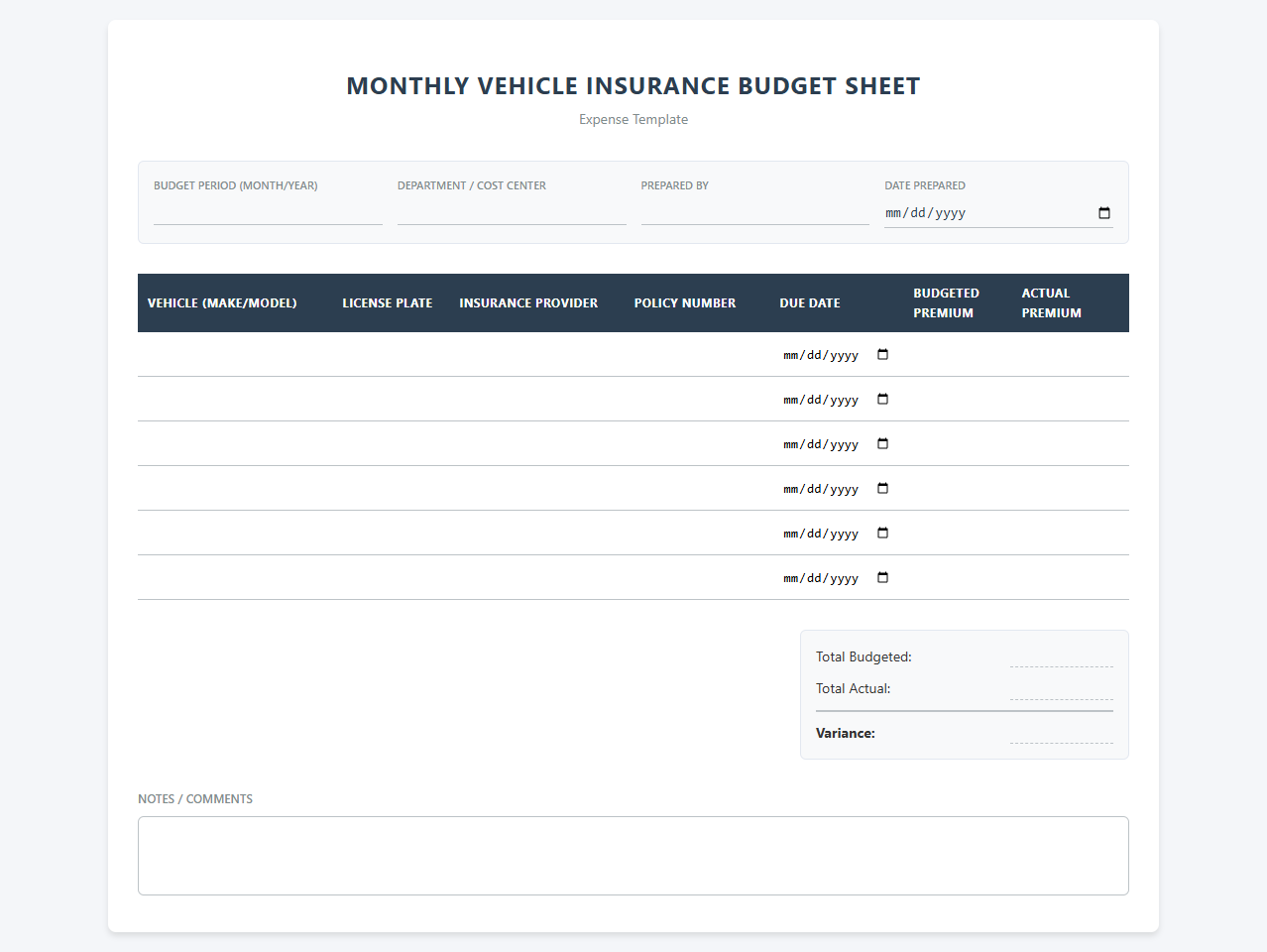 Monthly Vehicle Insurance Budget Sheet