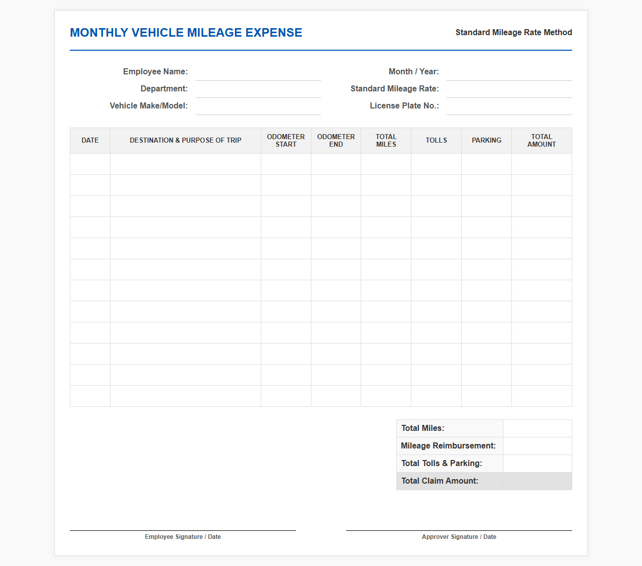 Monthly Vehicle Mileage Expense Template