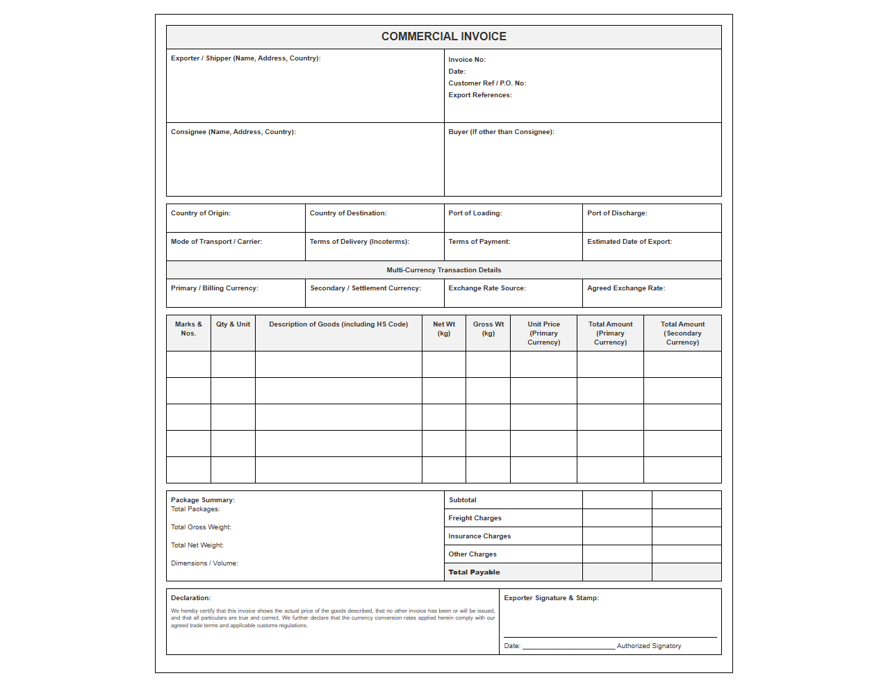 Multi-Currency Export Commercial Invoice Template