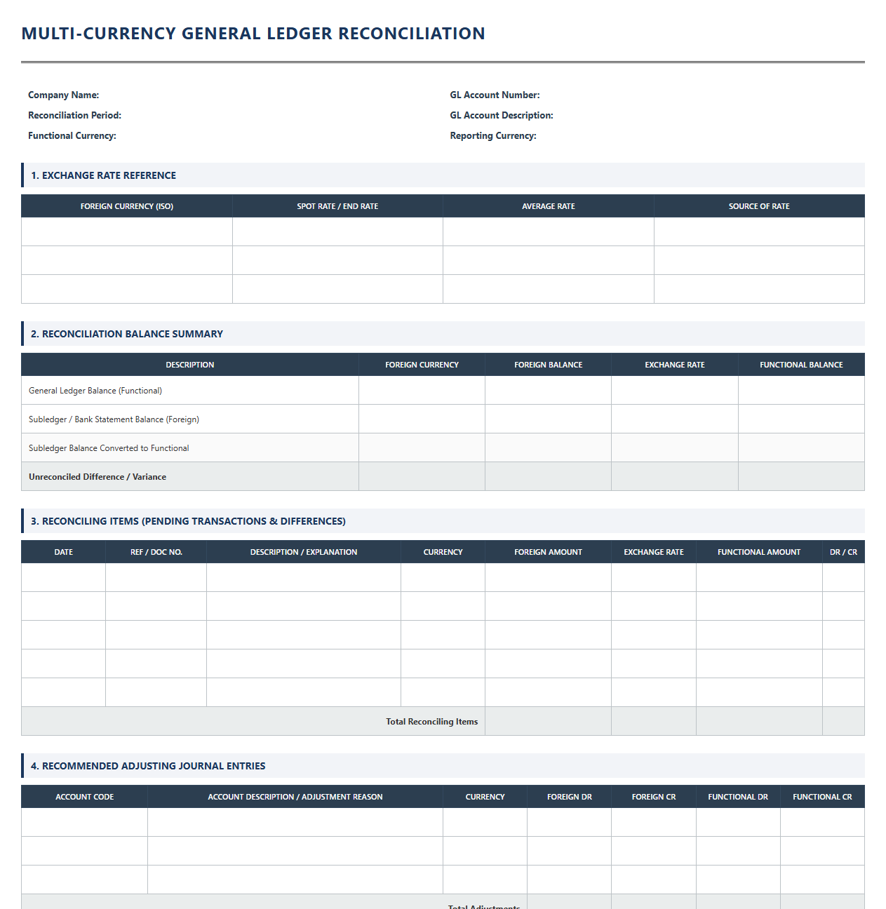 Multi-Currency General Ledger Reconciliation Template