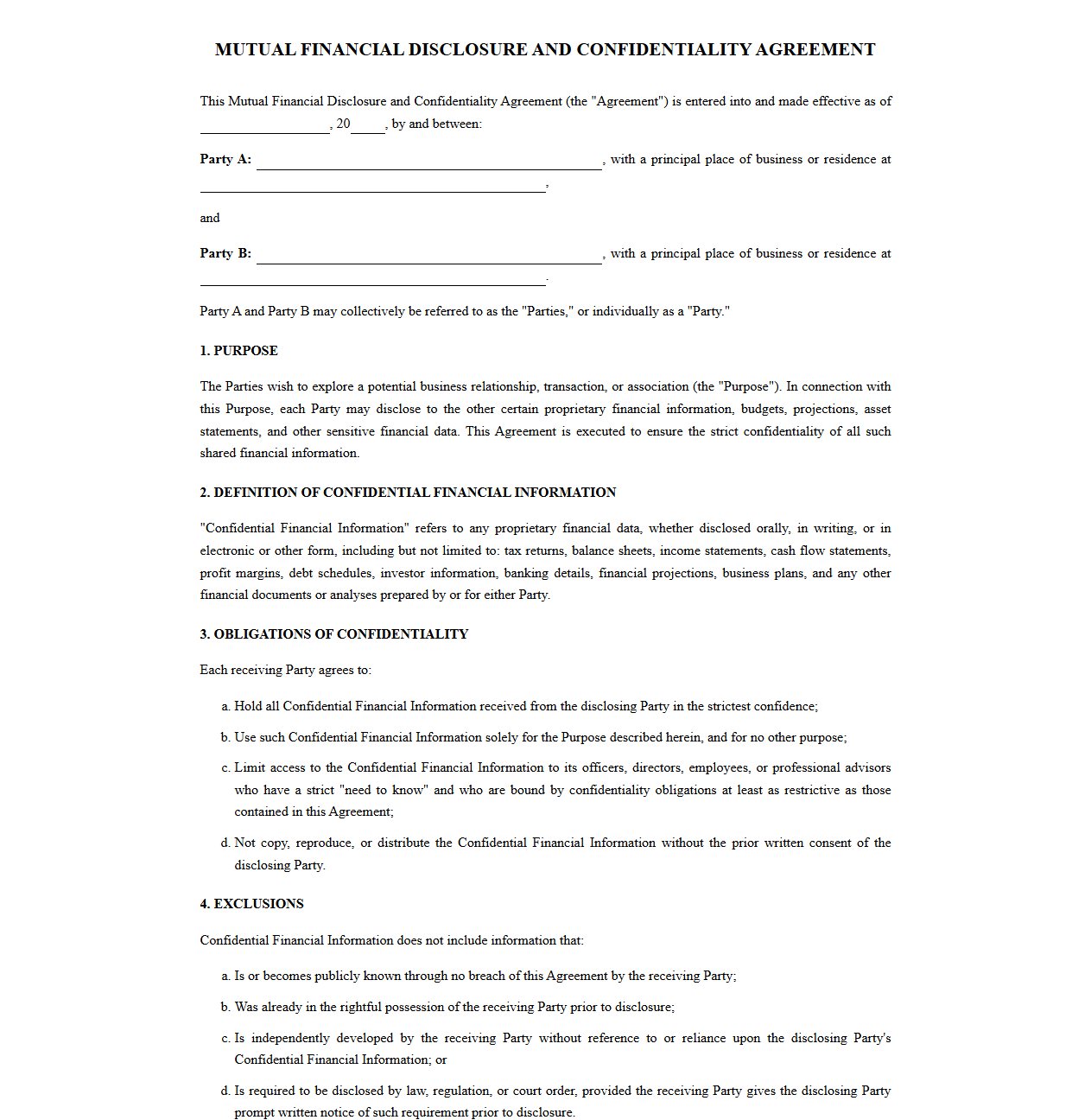 Mutual Financial Disclosure and Confidentiality Agreement