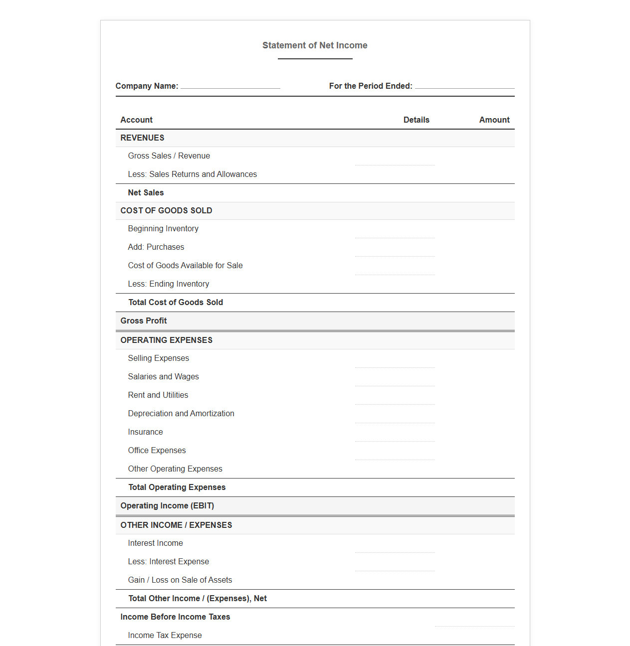 Net Income Statement Template