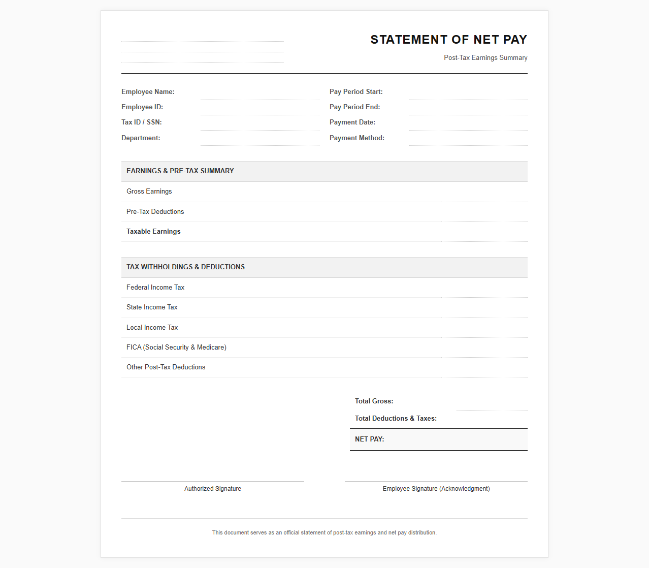 Net Pay Statement Template