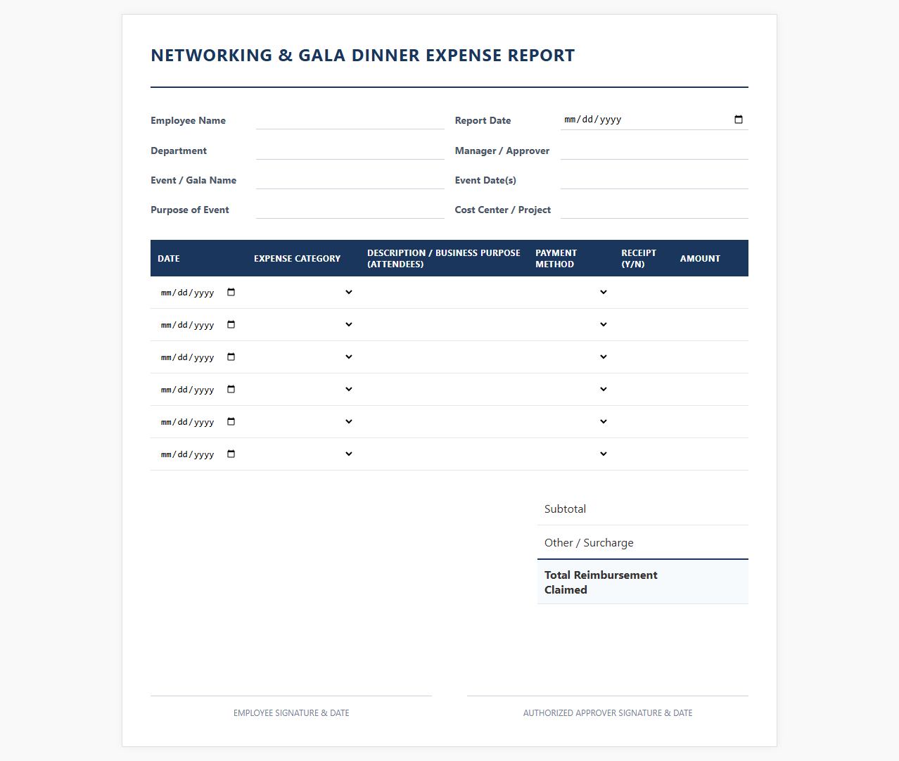 Networking Event and Gala Dinner Expense Report Template